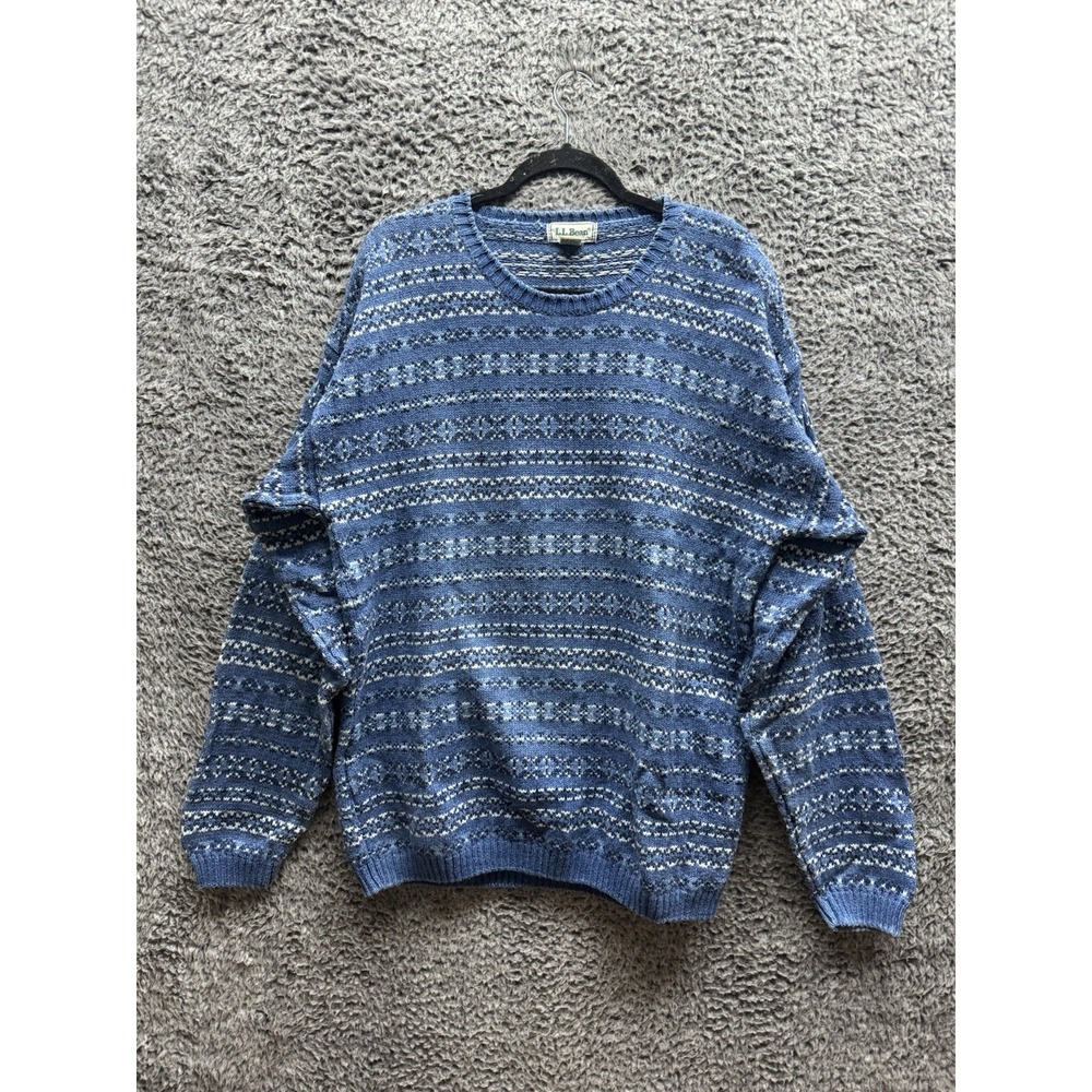 Vtg 90s LL Bean Blue Striped Knit Sweater Cotton Grandpa Men's Large Tall